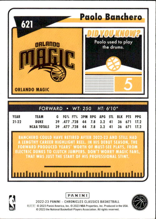 A249 PAOLO BANCHERO 2022-23 CLASSICS #621 ORLANDO MAGIC