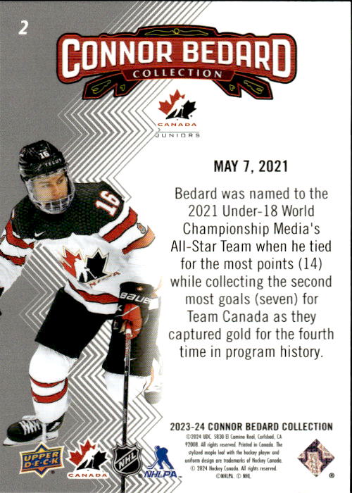 A258 CONNOR BEDARD 2023-24 UPPER DECK CONNOR BEDARD COLLECTION HIGHLIGHTS #2