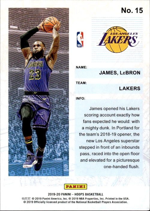 A286 LEBRON JAMES 2019-20 NBA HOOPS FREQUENT FLYERS #15 LAKERS