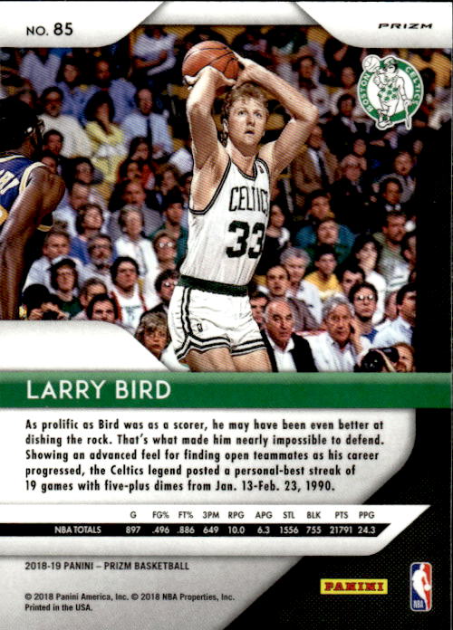 A289 LARRY BIRD 2018-19 PANINI PRIZM SILVER REFRACTOR #85 CELTICS