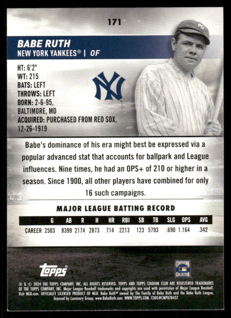 A359 BABE RUTH 2024 TOPPS STADIUM CLUB LEGEND #171 YANKEES