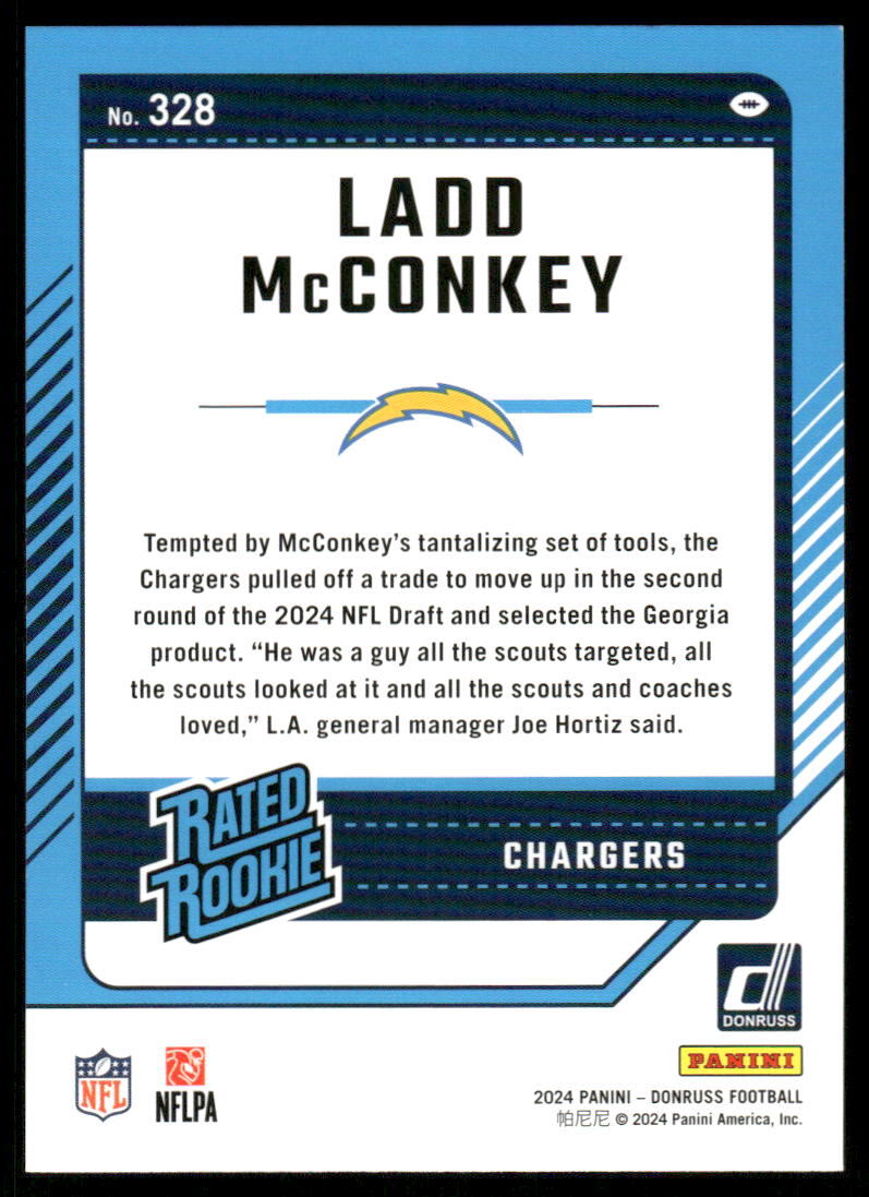 A368 LADD MCCONKEY RC 2024 ODNRUSS RATED ROOKIE PURPLE PRESS PROOF #328 CHARGERS