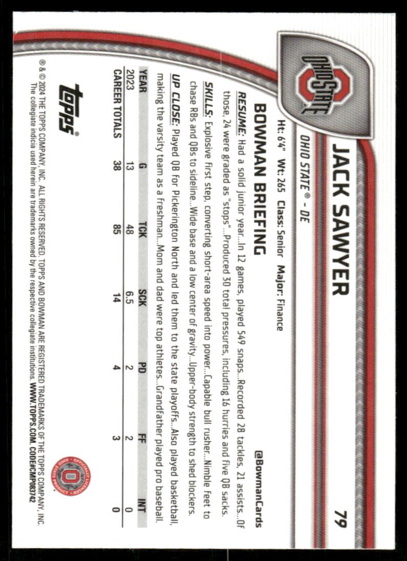 A372 JACK SAWYER 2024 BOWMAN CHROME UNIVERSITY XFRACTOR #79 OHIO STATE