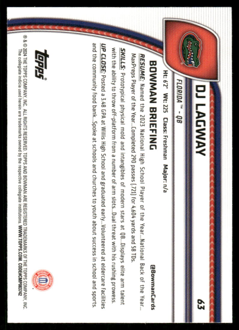 A379 DJ LAGWAY 2024 BOWMAN CHROME UNIVERSITY 1ST #62 FLORIDA GATORS