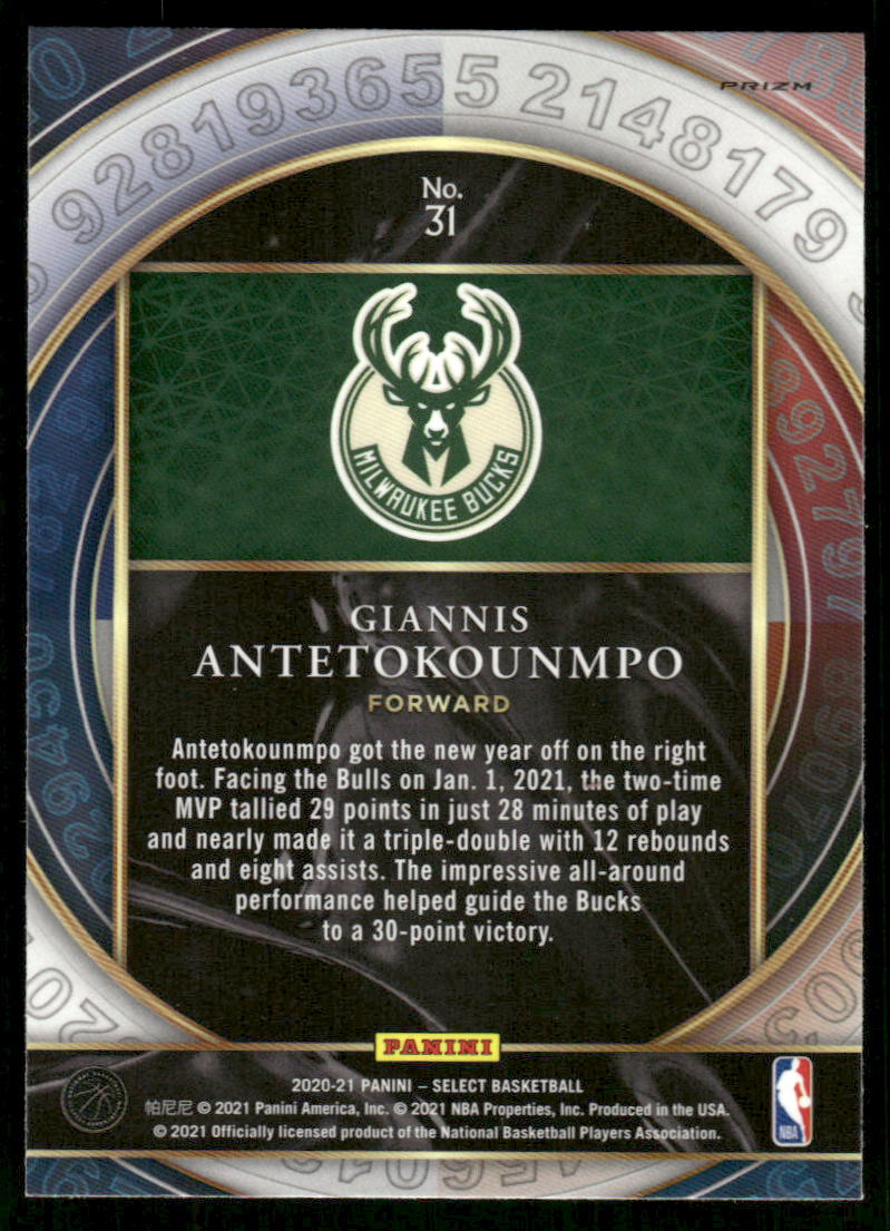 5A42 GIANNIS ANTETOKOUNMPO 2020-21 SELECT NUMBERS BLUE SHIMMER REFRACTOR BUCKS