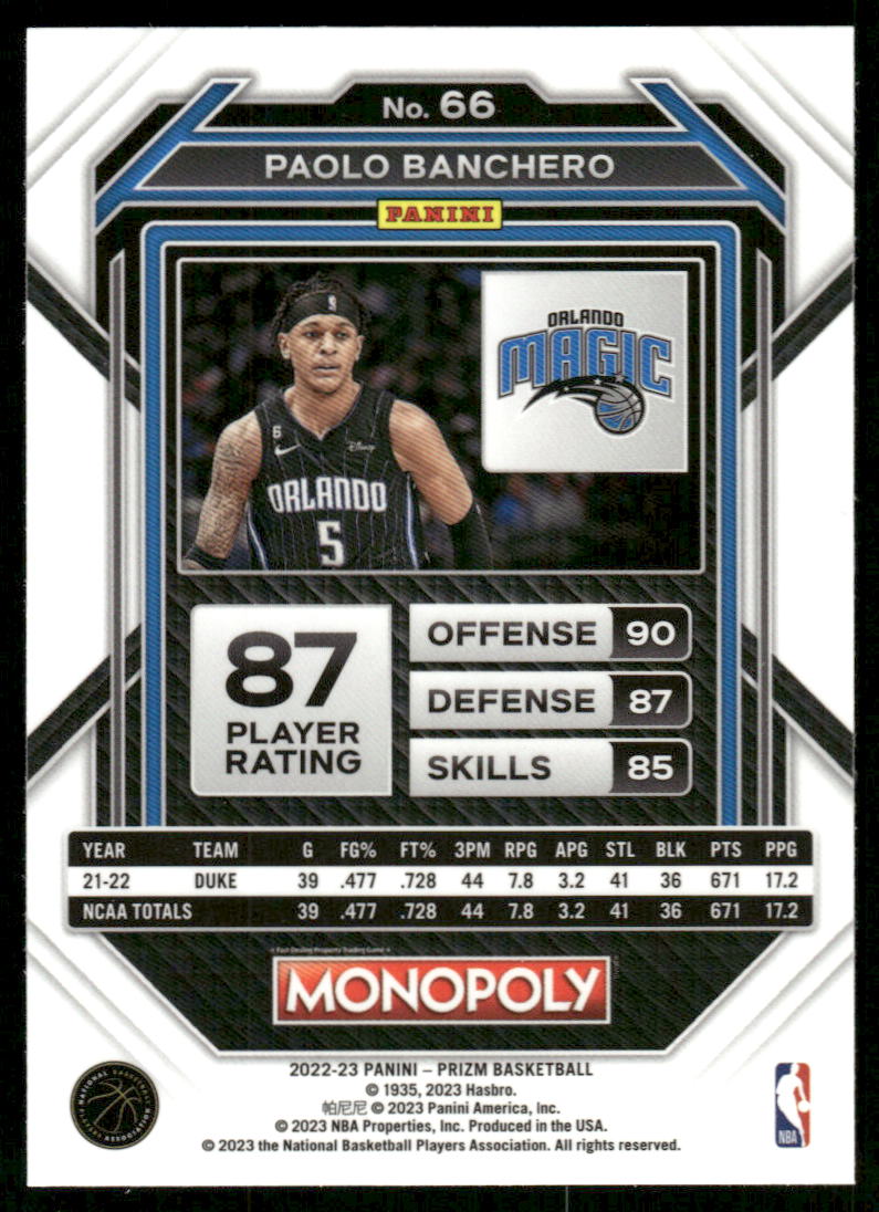 5A43 PAOLO BANCHERO RC 2022-23 PRIZM MONOPOLY #66 ORLANDO MAGIC