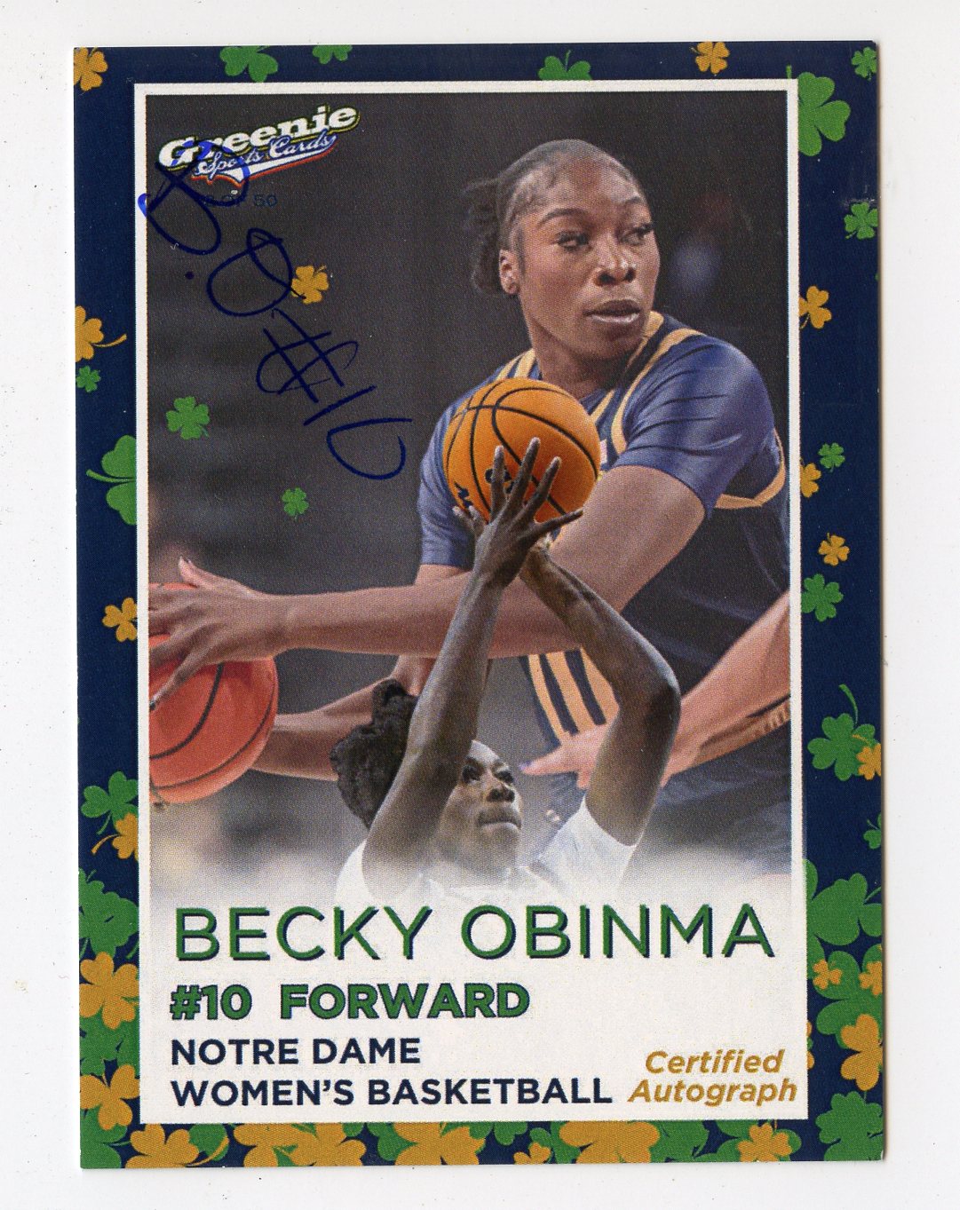 BECKY OBINMA AUTO 2024 GREENIE SPORTS CARDS COA NIL /50 NOTRE DAME WBB