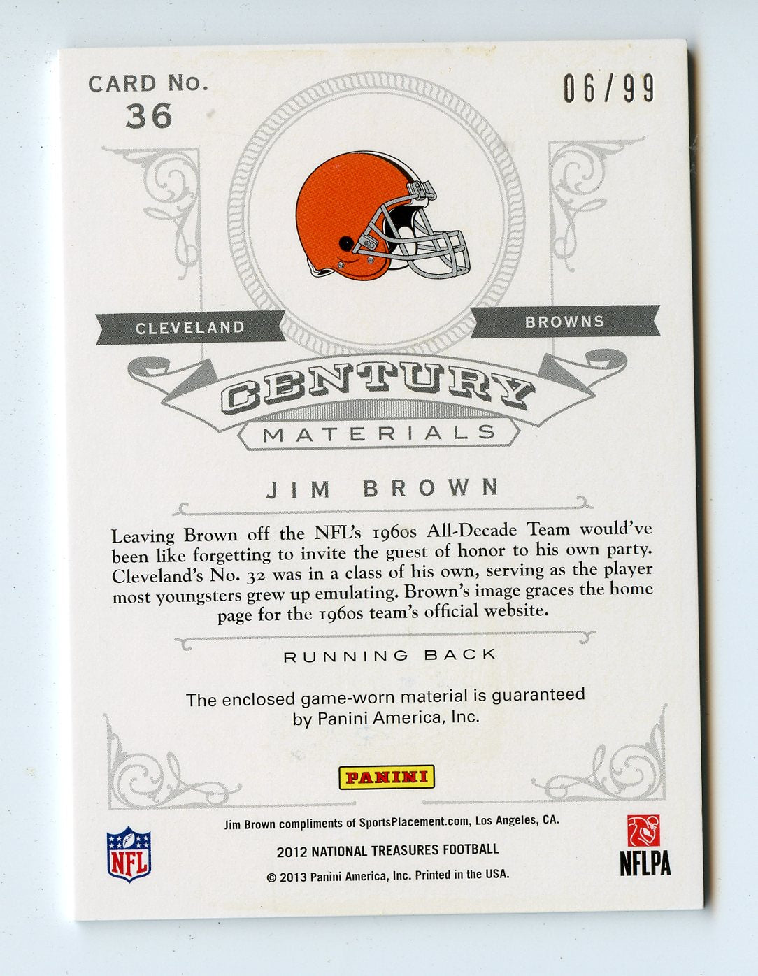 JIM BROWN GAME WORN JERSEY 2012 NATIONAL TREASURES 6/99 #36 - CLEVELAND BROWNS