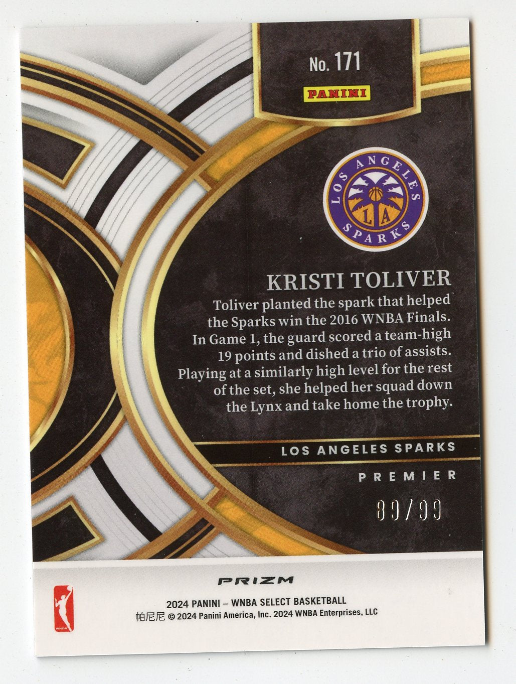 A304 KRISTI TOLIVER 2024 SELECT PURPLE REFRACTOR 89/99 PREMIER #171 SPARKS