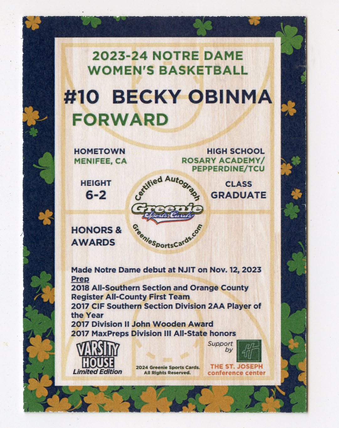 BECKY OBINMA AUTO 2024 GREENIE SPORTS CARDS COA NIL /50 NOTRE DAME WBB