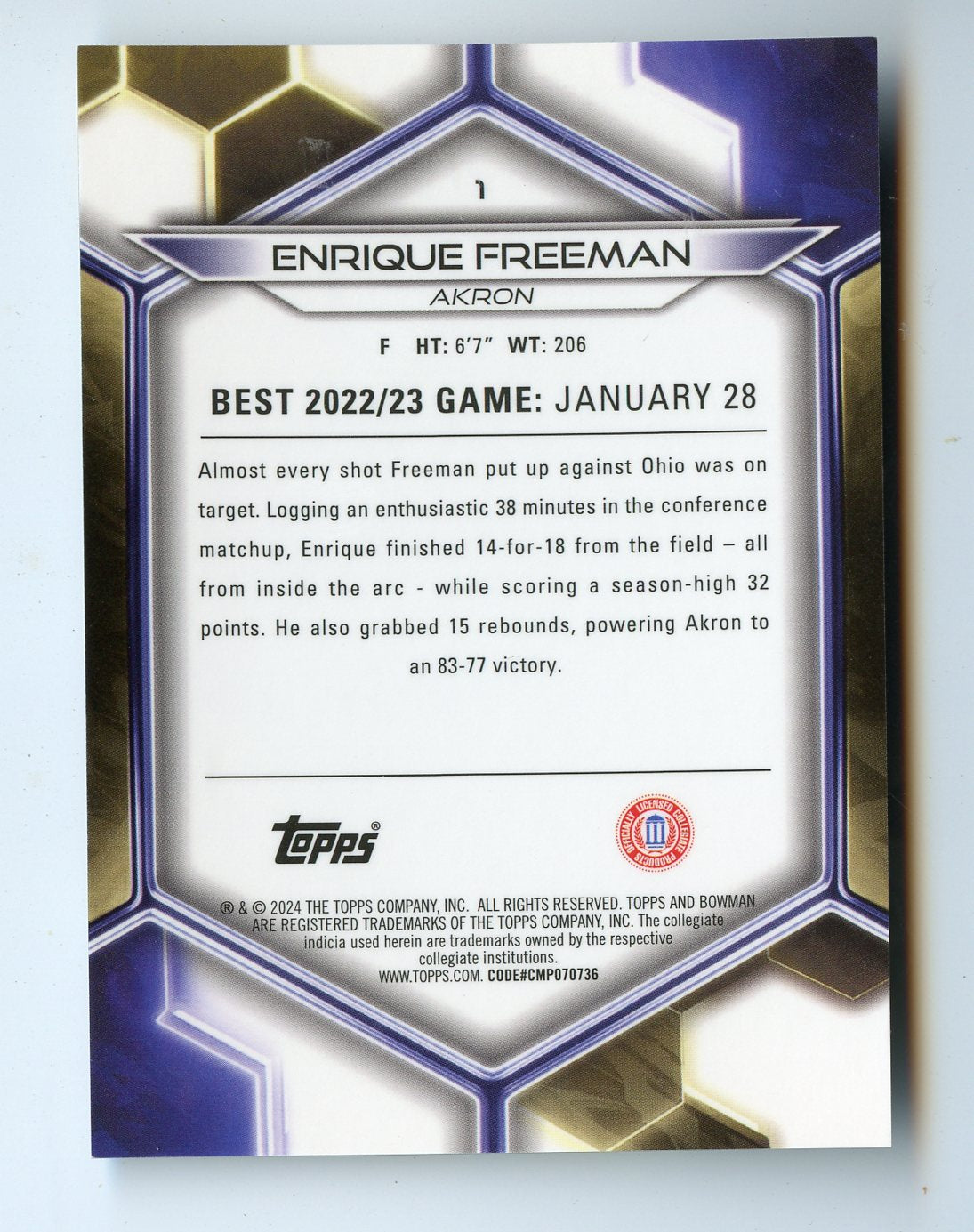 ENRIQUE FREEMAN RC 2024 BOWMAN UNIVERSITY BEST GOLD REFRACTOR 26/50 #1 AKRON ZIPS