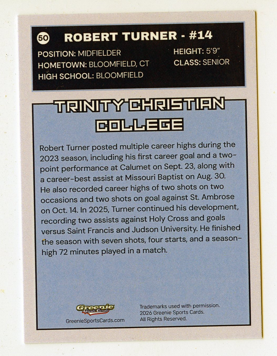 ROBERT TURNER Certified Autograph Trading Card 2025 Greenie Sports Cards NIL Trading Card