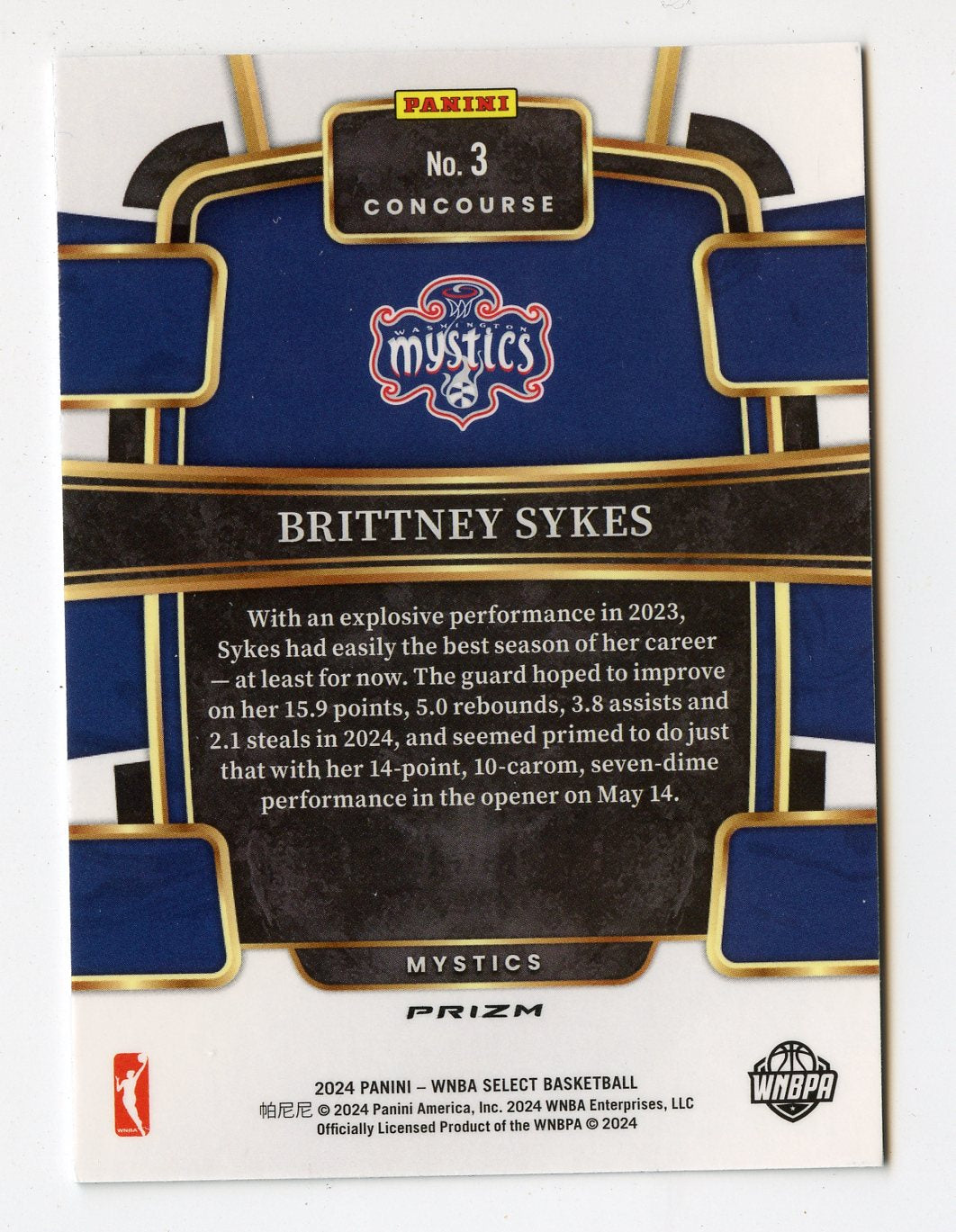 WNBA49 BRITTNEY SYKES 2024 SELECT WNBA GREEN CRACKED ICE PRIZM CONCOURSE #3 MYSTICS