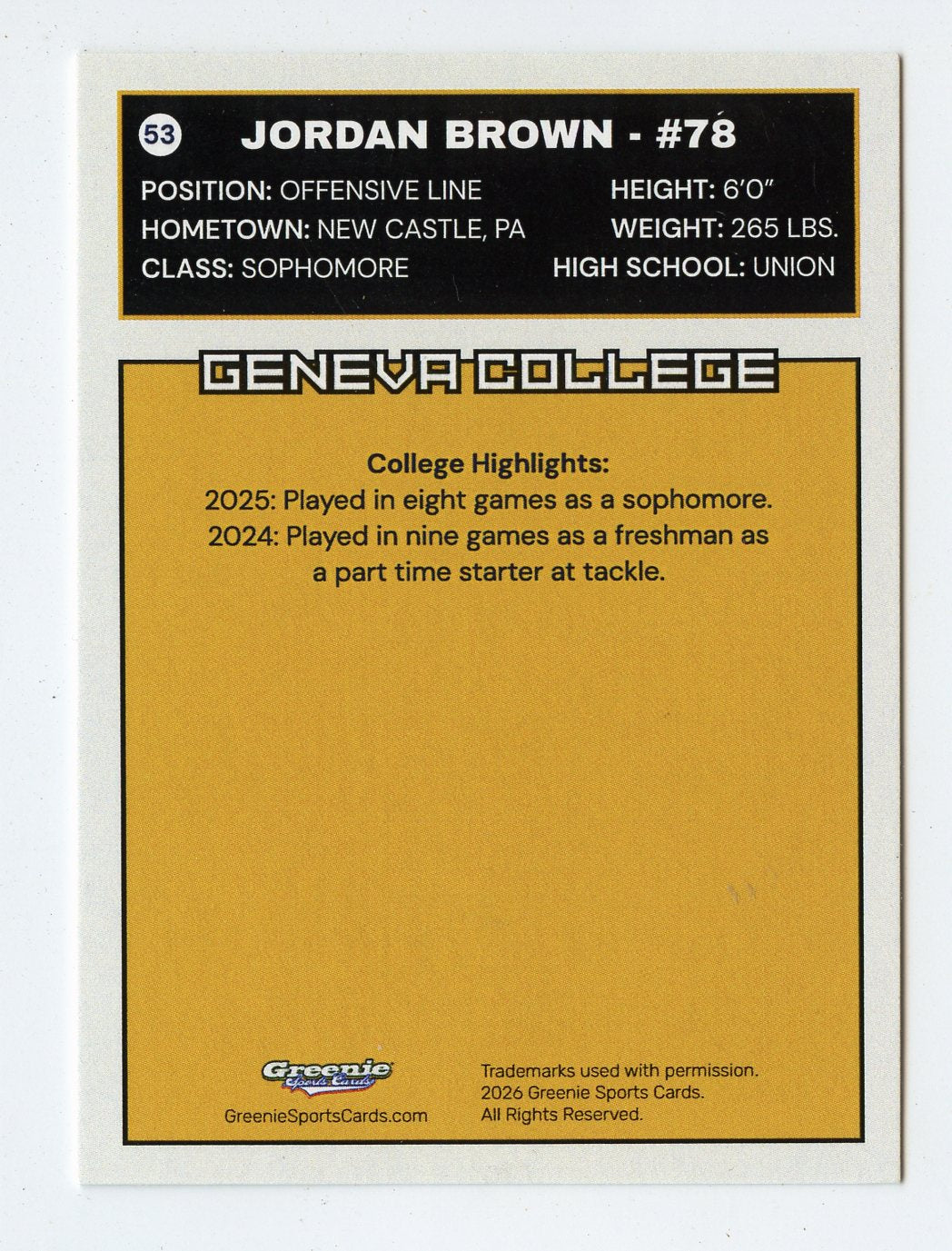 JORDAN BROWN Certified Autograph Trading Card 2025-26 Greenie Sports Cards NIL Trading Card