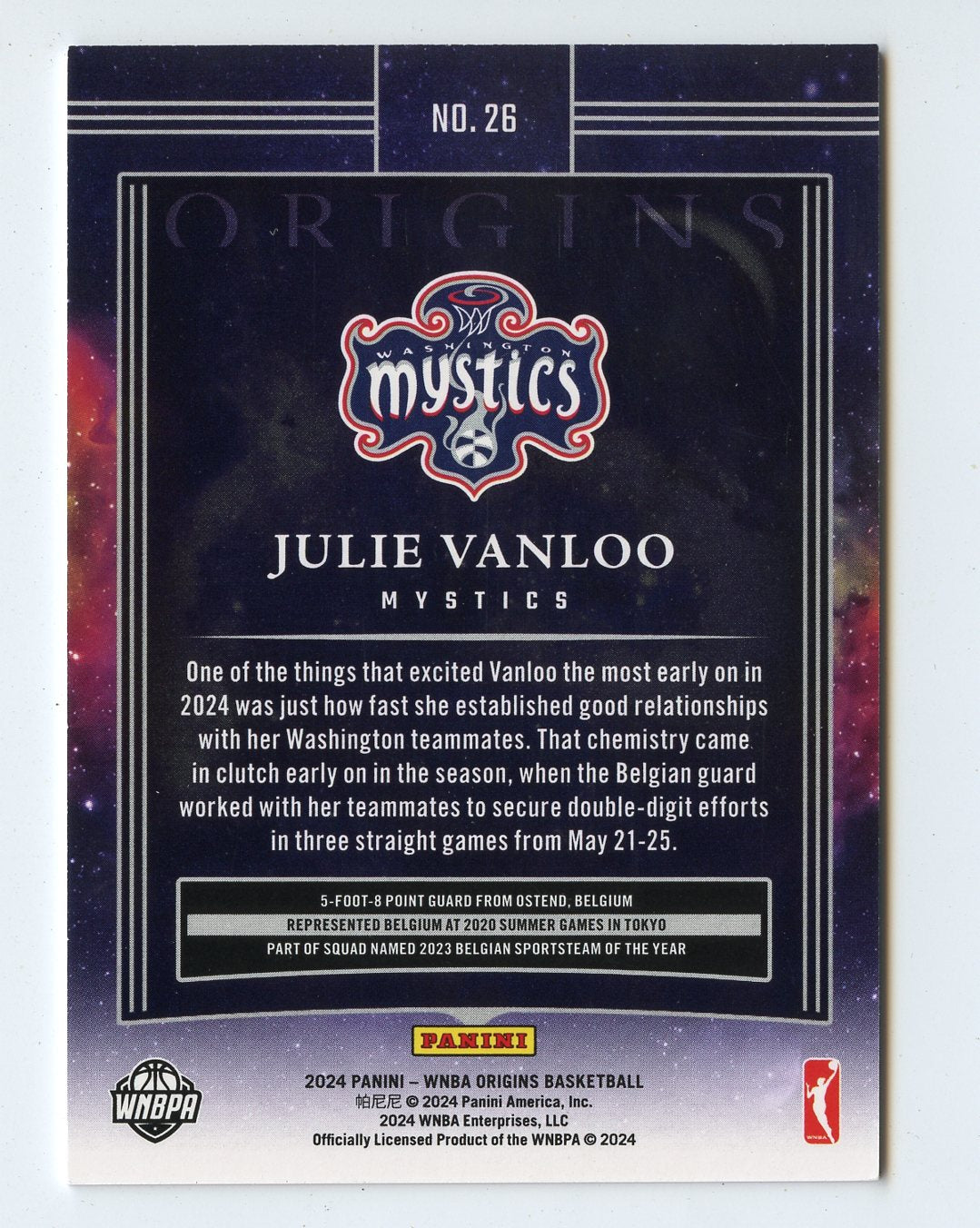 WNBA32 JULIE VANLOO RC 2024 ORIGINS 31/99 #26 MYSTICS