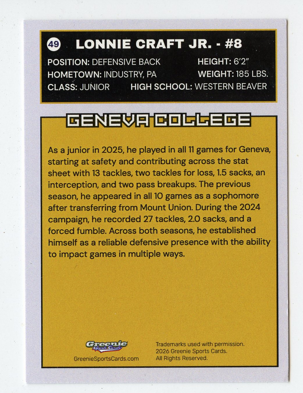 LONNIE CRAFT JR Certified Autograph Trading Card 2025-26 Greenie Sports Cards NIL Trading Card