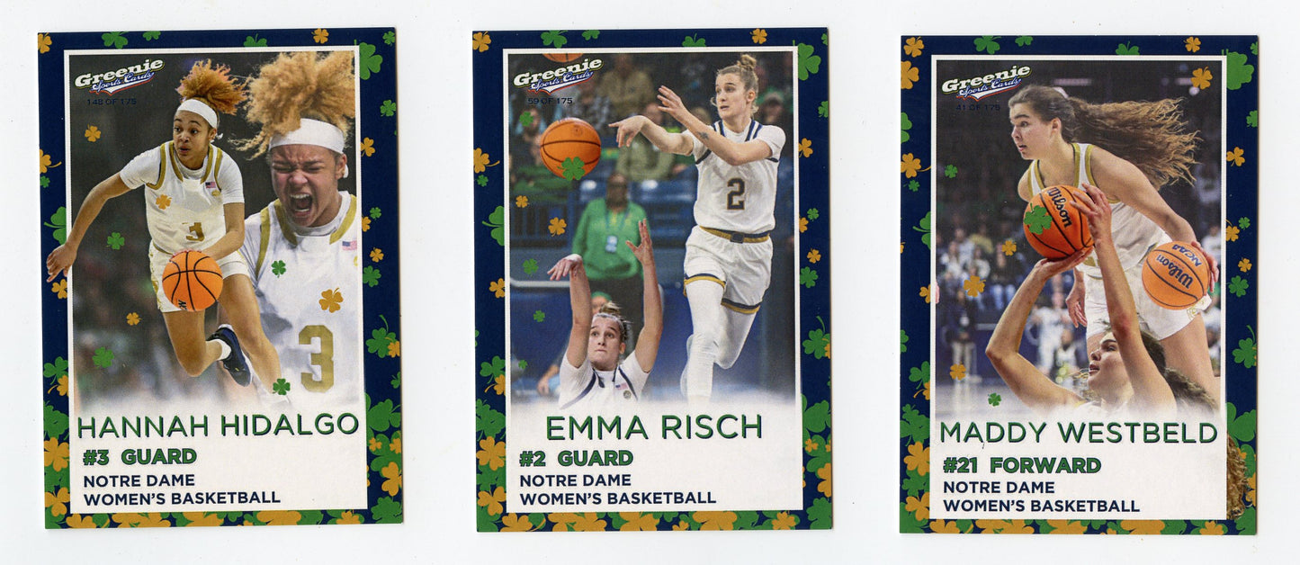 2023-24 Notre Dame Women's Basketball.  Team Set produced by Greenie Sports Cards.  Serial Numbered to only 175 Sets Produced