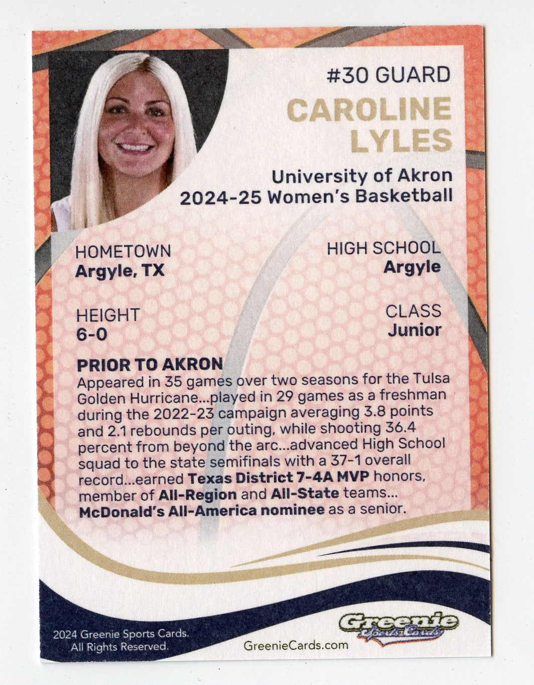 CAROLINE LYLES Certified Autograph Trading Card 2024 Greenie Sports Cards NIL Trading Card