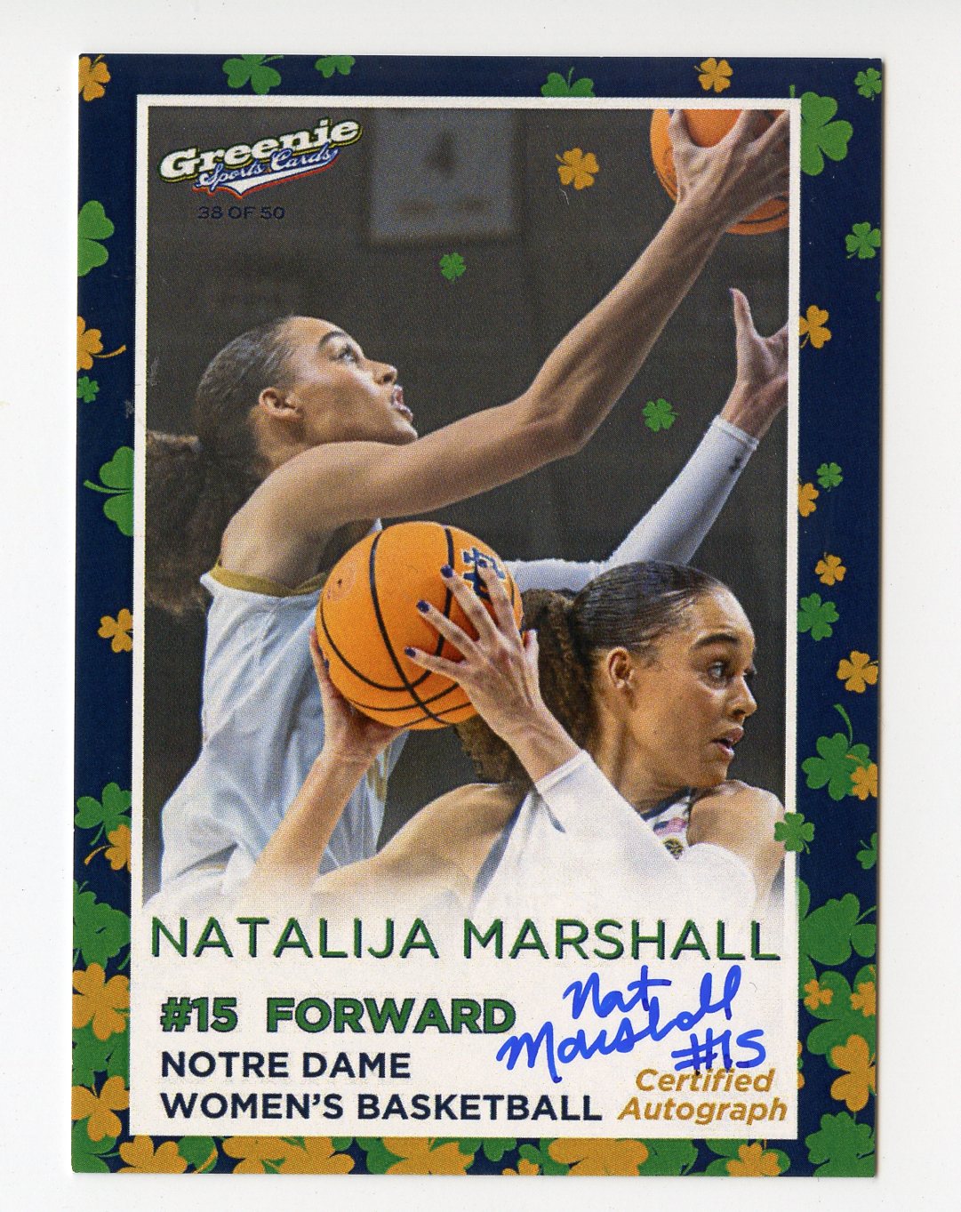 NATALIJA NAT MARSHALL AUTO 2024 GREENIE SPORTS CARDS COA NIL /50 NOTRE DAME WBB