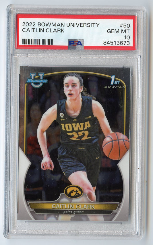 WNBA35 CAITLIN CLARK 2022 BOWMAN UNIVERSTIY 1ST PSA 10 #50 IOWA