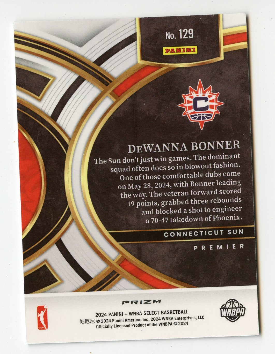 WNBA48 DEWANNA BONNER 2024 SELECT WNBA GREEN CRACKED ICE PRIZM PREMIER #129 SUN