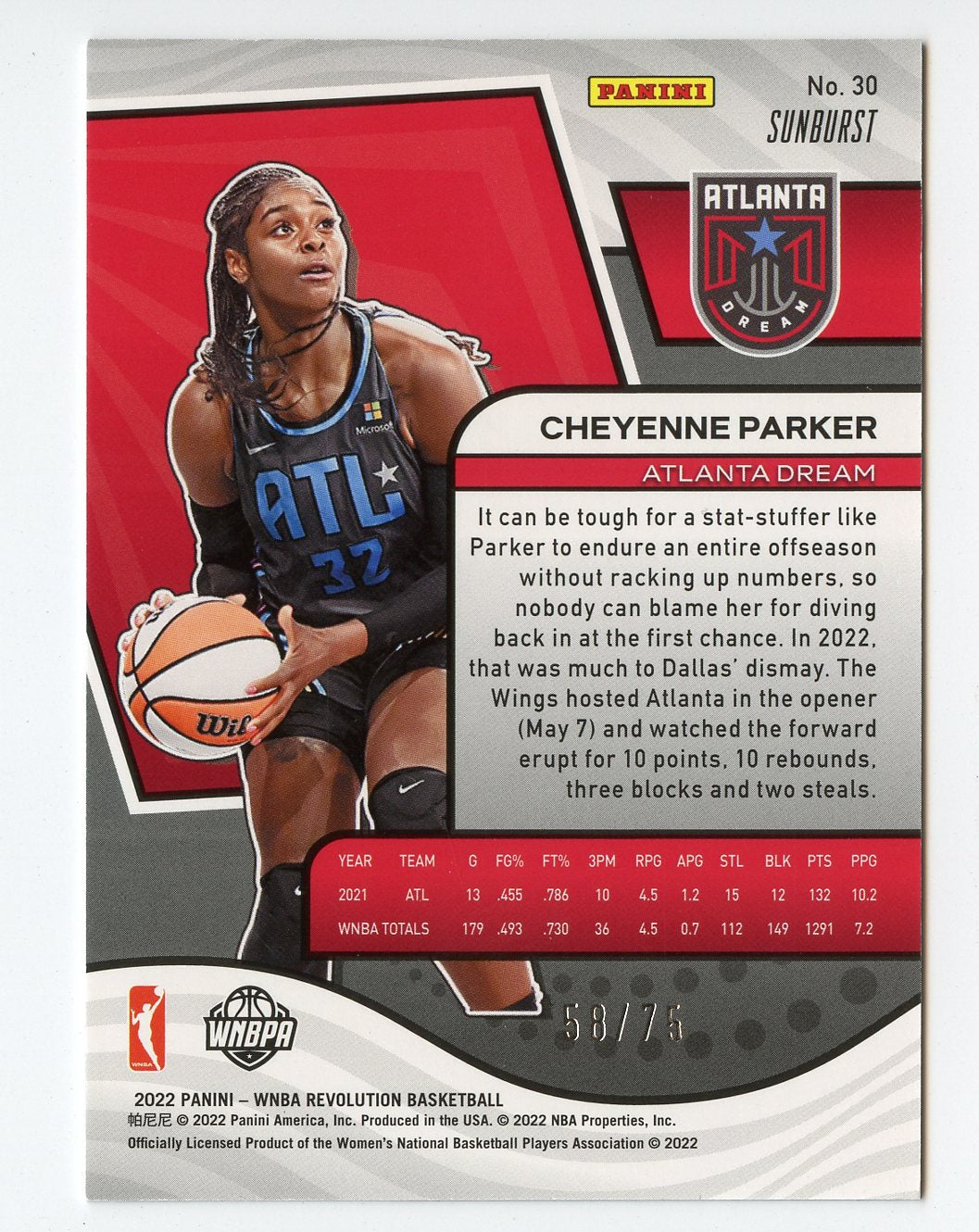 A311 CHEYENNE PARKER 2022 REVOLUTION SUNBURST 58/75 #30 ATLANTA DREAM