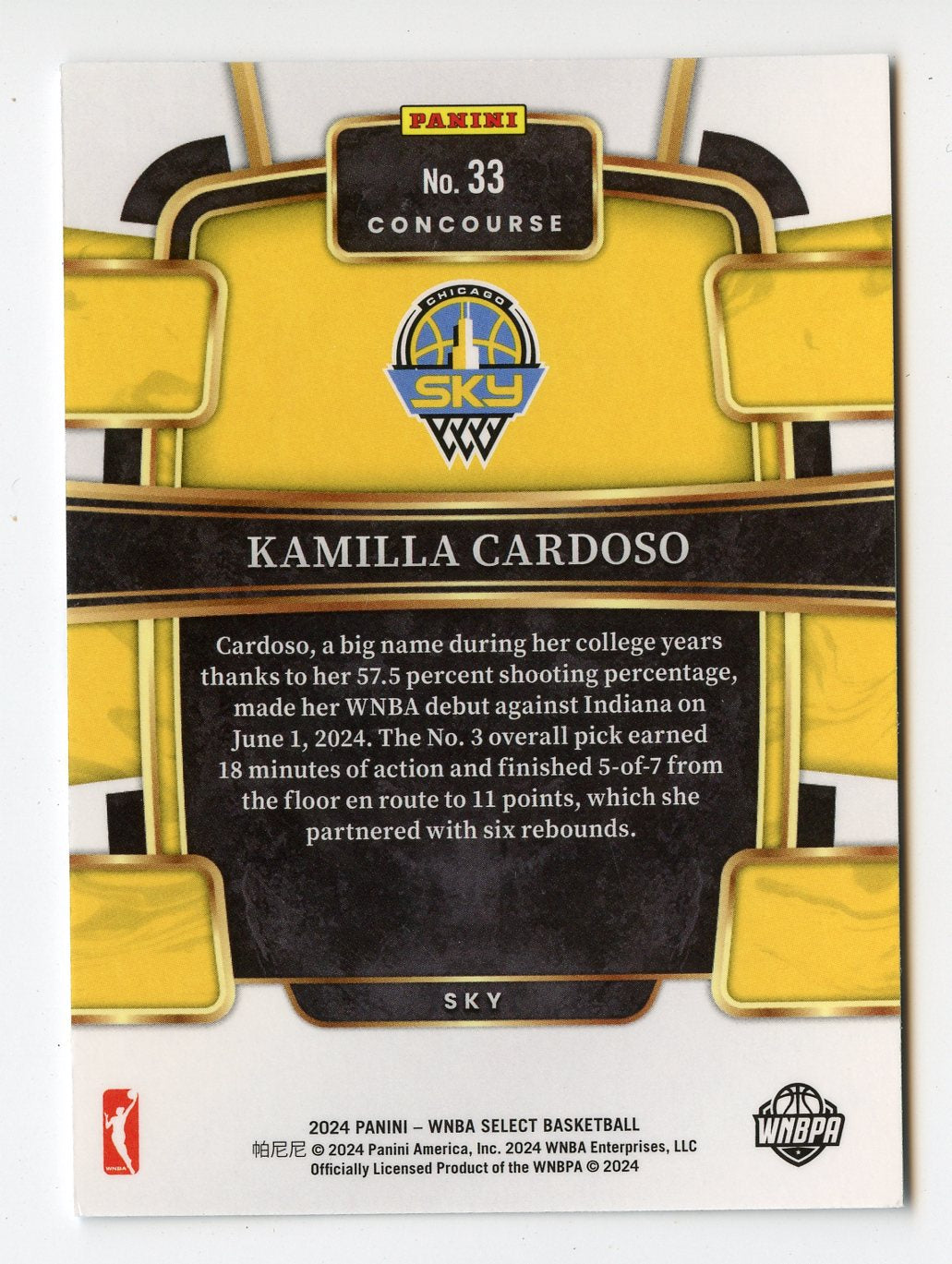 WNBA43 KAMILLA CARDOSO RC 2024 SELECT WNBA CONCOURSE #33 SKY