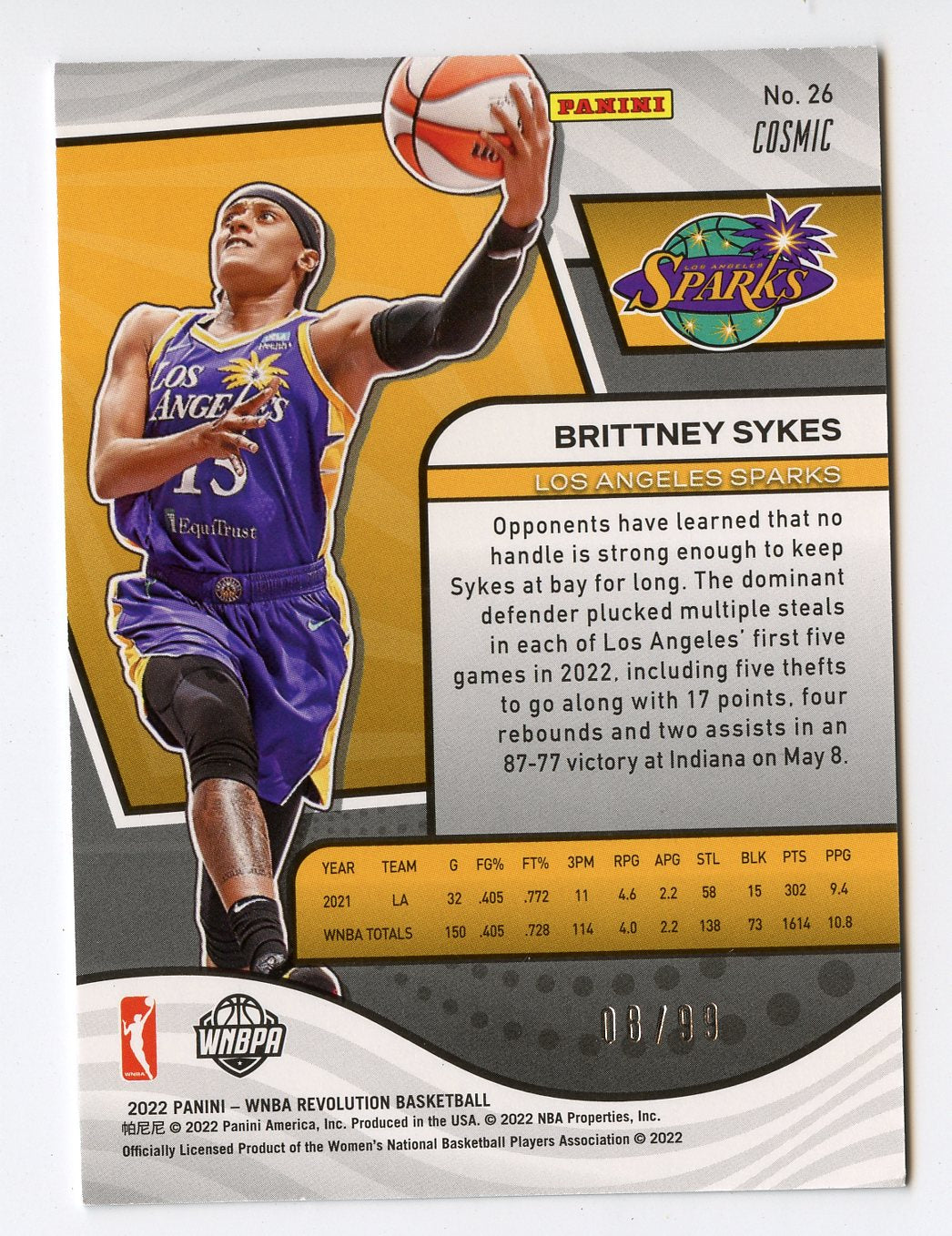 WNBA8 BRITTNEY SYKES 2022 REVOLUTION COSMIC 8/99 #26 SPARKS