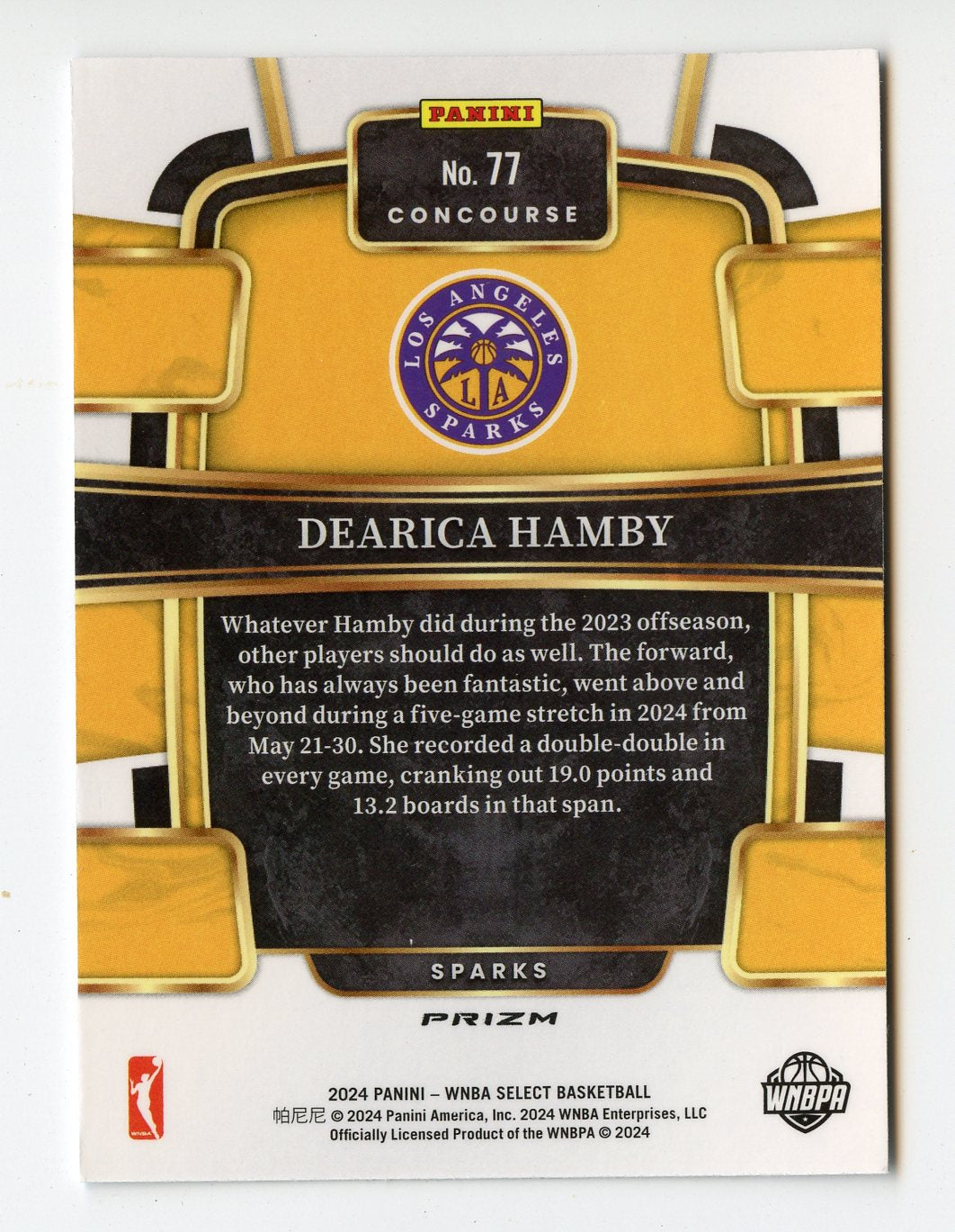 A334 DEARICA HAMBY 2024 SELECT WNBA SILVER PRIZM CONCOURSE #77 SPARKS