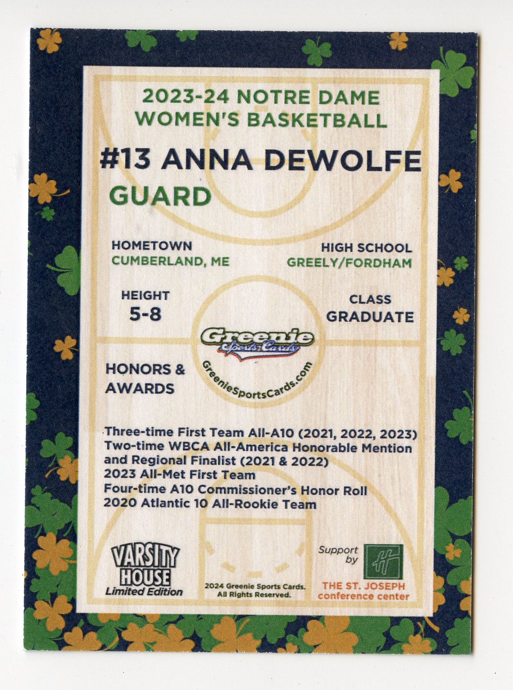 ANNA DEWOLFE 2024 GREENIE SPORTS CARDS NIL /175 NOTRE DAME WBB RARE SP