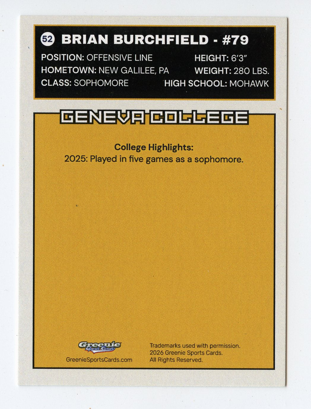 BRIAN BURCHFIELD Certified Autograph Trading Card 2025-26 Greenie Sports Cards NIL Trading Card