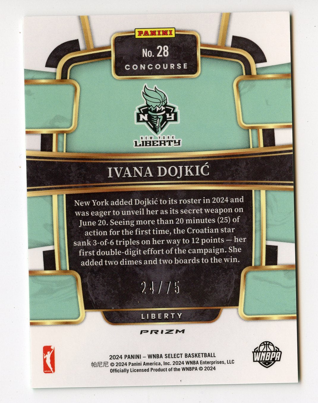 WNBA19 IVANA DOJKIC 2024 SELECT GREEN REFRACTOR 24/75 #28 LIBERTY