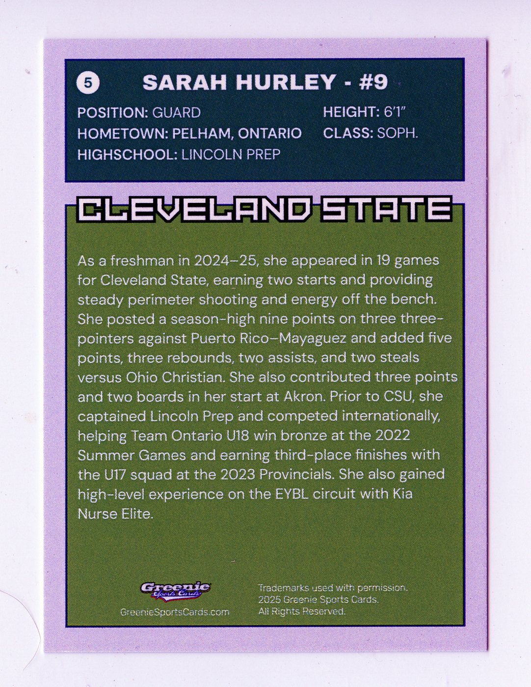 SARAH HURLEY Certified Autograph Trading Card 2025-26 Greenie Sports Cards NIL Trading Card
