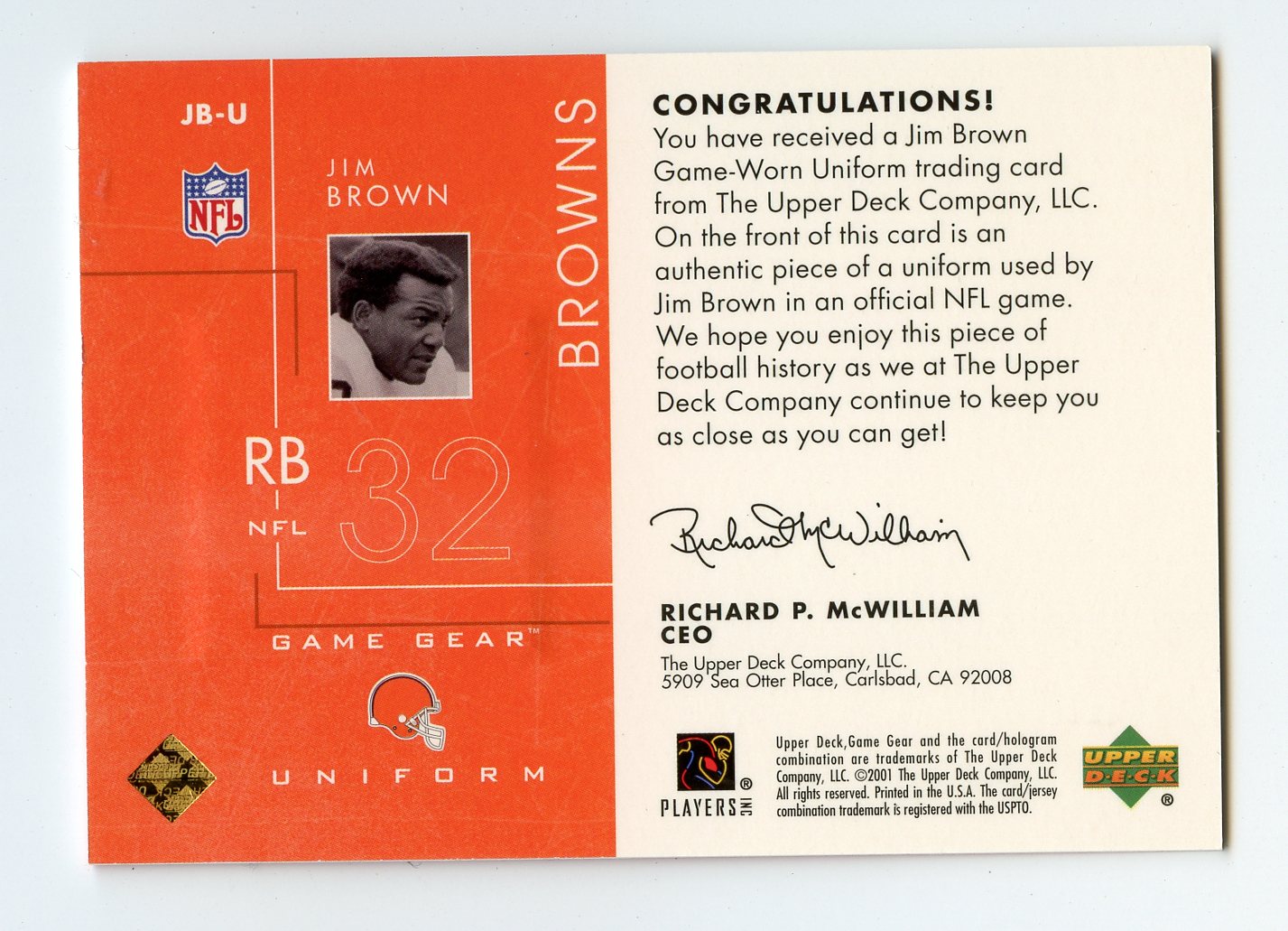 JIM BROWN GAME WORN JERSEY 2001 UPPER DECK GAME GEAR - CLEVELAND BROWNS