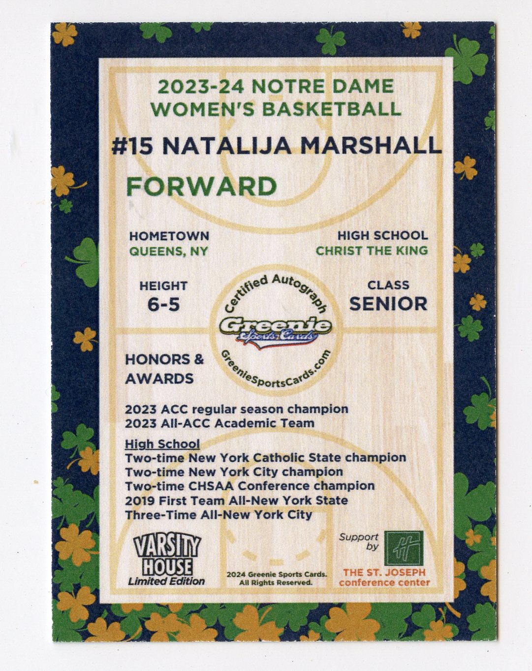 NATALIJA NAT MARSHALL AUTO 2024 GREENIE SPORTS CARDS COA NIL /50 NOTRE DAME WBB