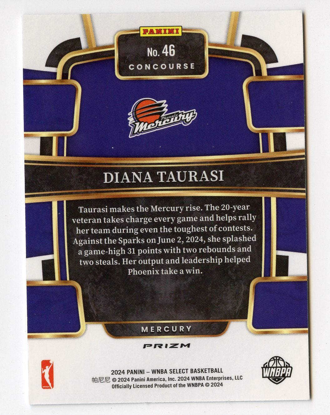 A309 DIANA TAURASI 2024 SELECT SILVER PRIZM REFRACTOR CONCOURSE #46 MERCURY