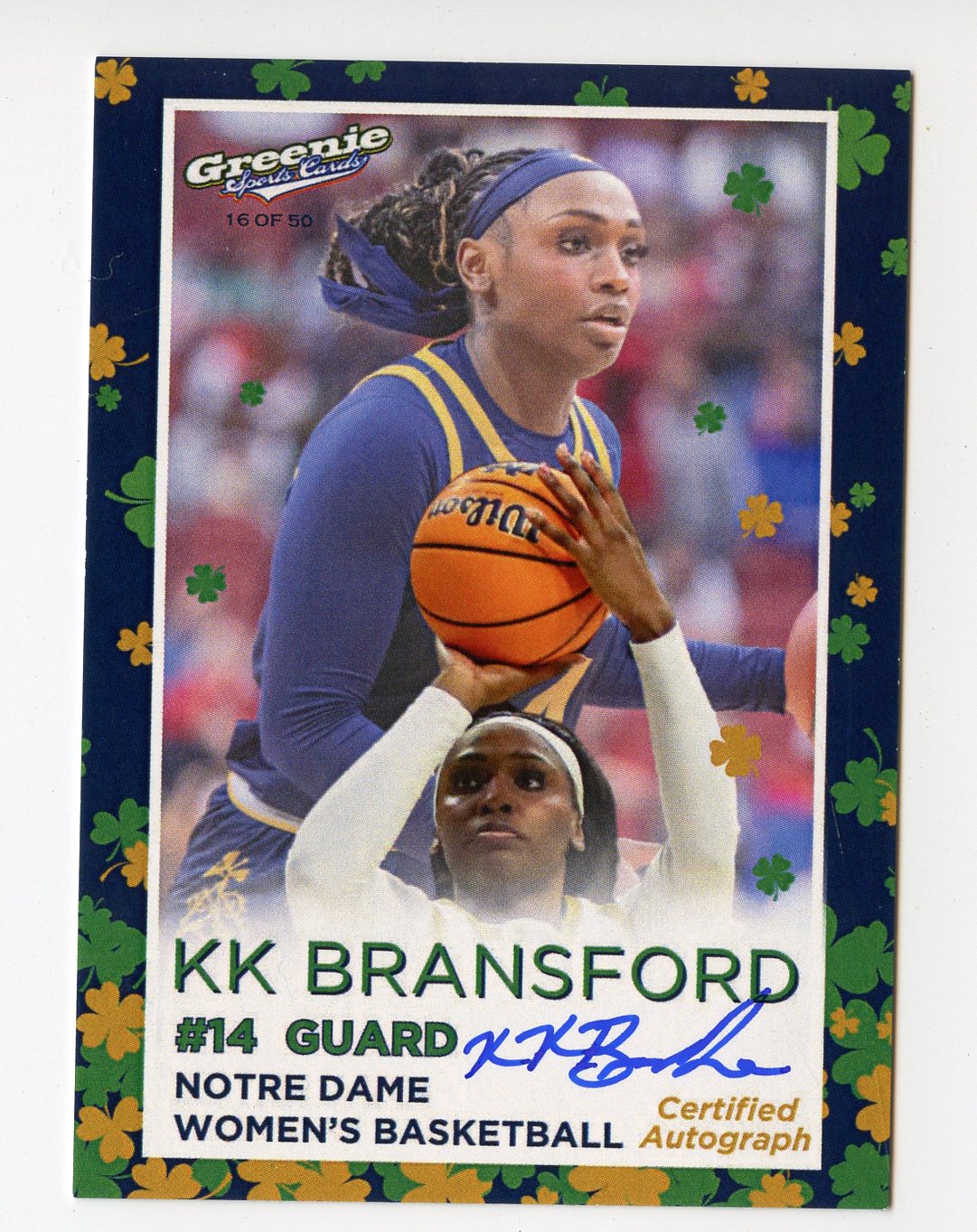 KK BRANSFORD AUTO 2024 GREENIE SPORTS CARDS COA NIL /50 NOTRE DAME WBB