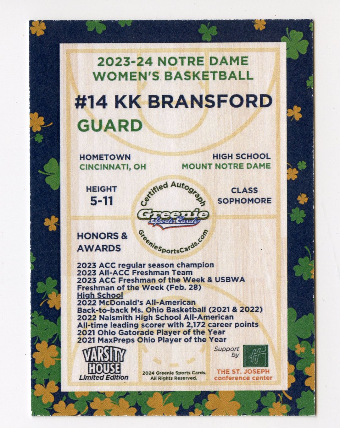 KK BRANSFORD AUTO 2024 GREENIE SPORTS CARDS COA NIL /50 NOTRE DAME WBB