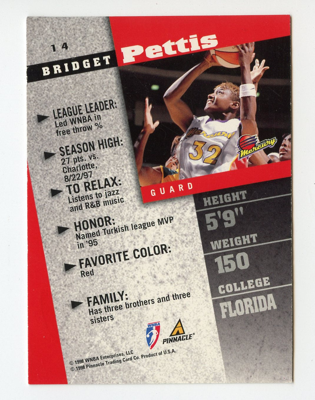 WNBA18 BRIDGET PETTIS 1998 PINNACLE COURT COLLECTION #14 MERCURY