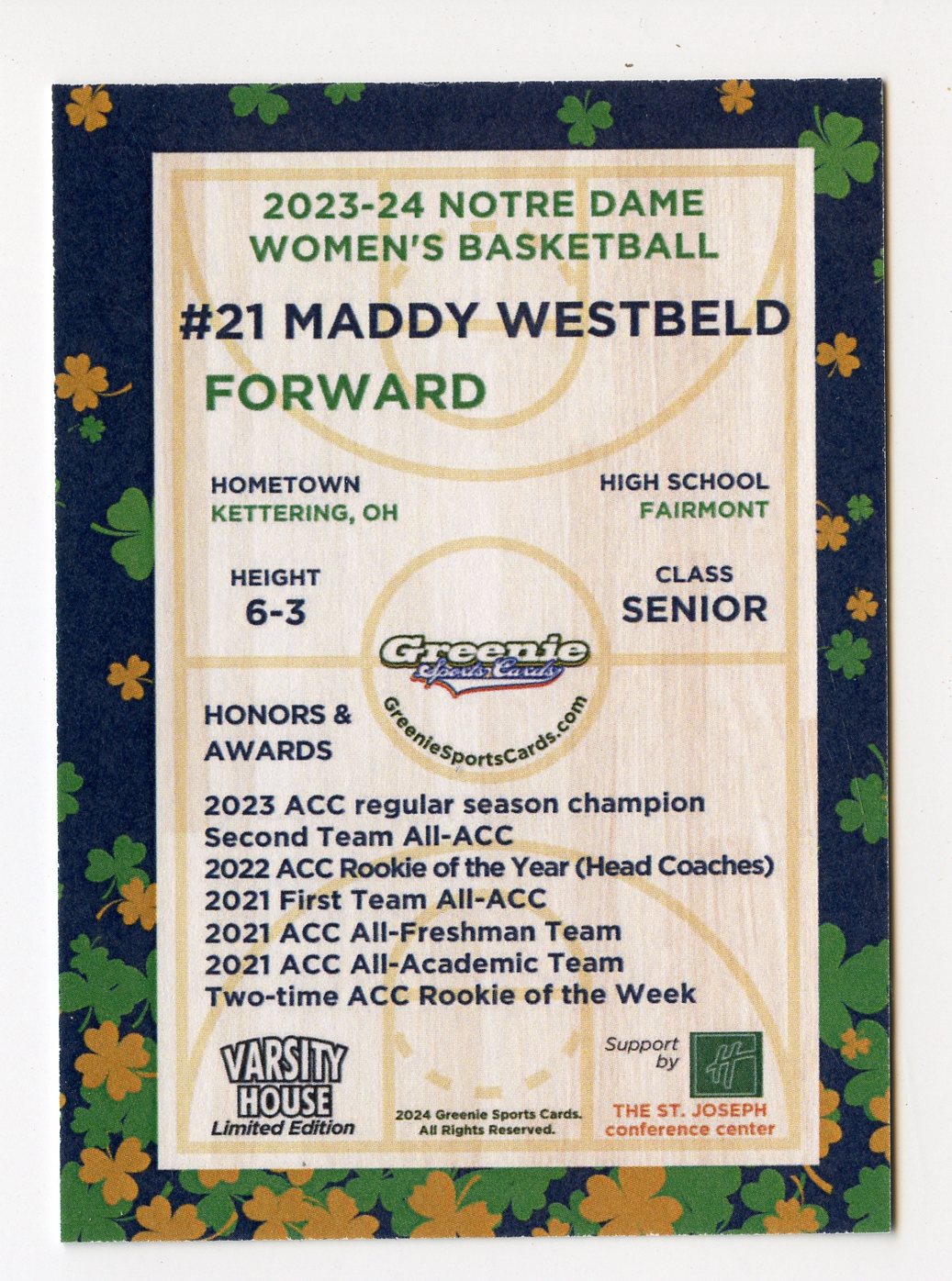 MADDY WESTBELD 2024 GREENIE SPORTS CARDS NIL /175 NOTRE DAME WBB RARE SP