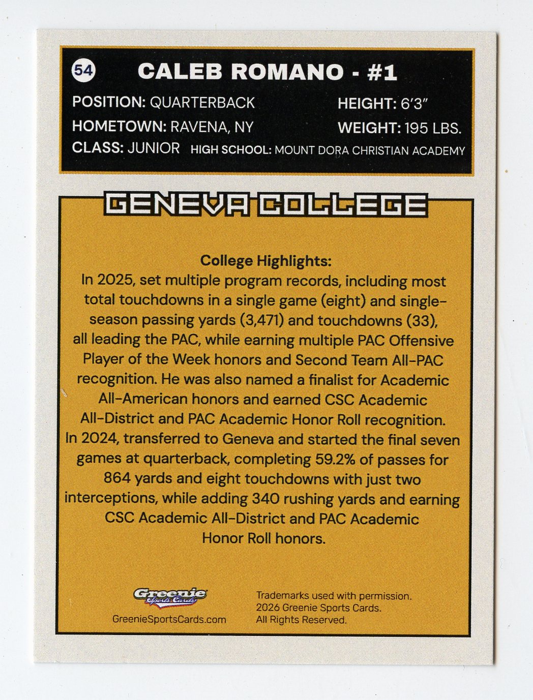 CALEB ROMANO Certified Autograph Trading Card 2025-26 Greenie Sports Cards NIL Trading Card