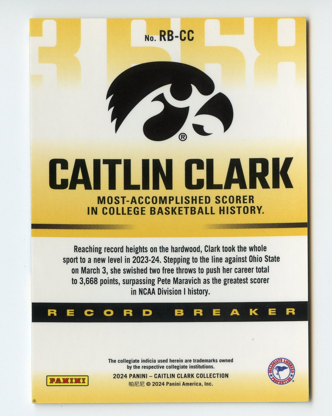 WNBA30 CAITLIN CLARK 2024 PANINI COLLECTION RECORD BREAKER IOWA