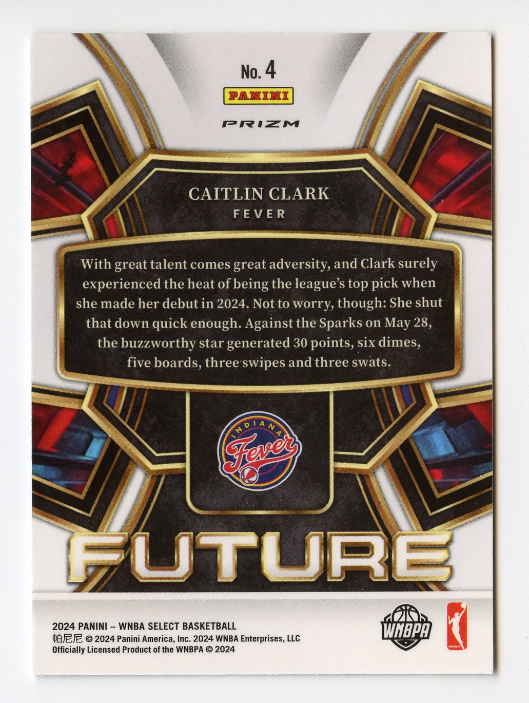 WNBA42 CAITLIN CLARK RC 2024 SELECT WNBA FUTUE FLASH PRIZM #4 FEVER