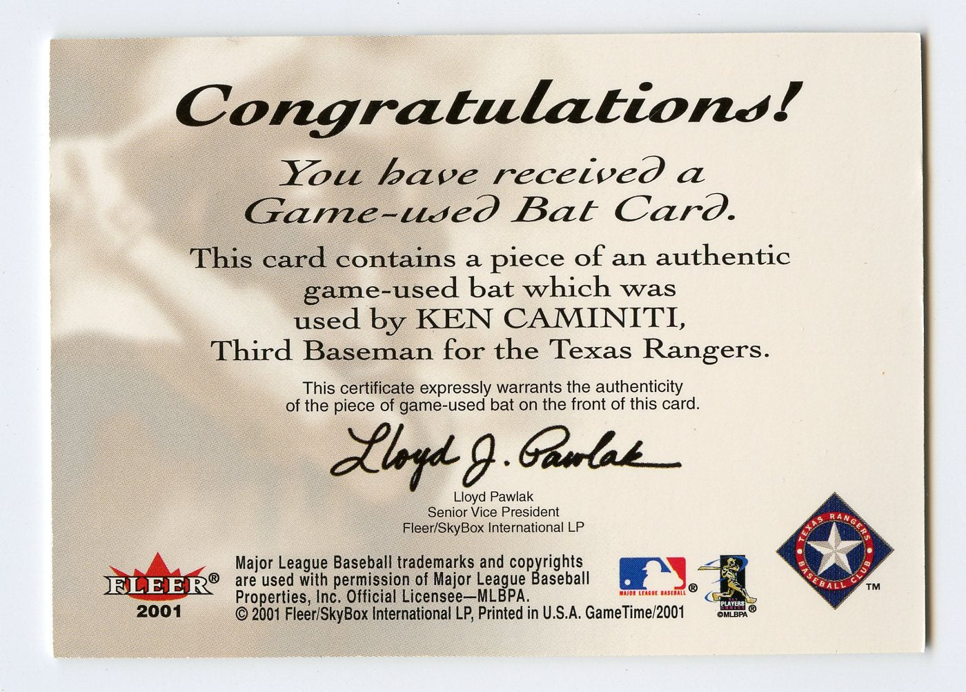 5A9 KEN CAMINITI GAME USED BAT 2001 FLEER GAME TIME LUMBER RANGERS