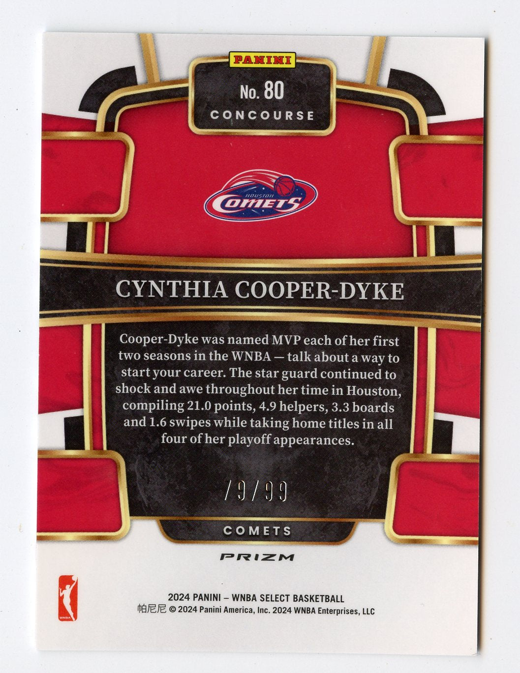 WNBA3 CYNTHIA COOPER-DYKE 2024 SELECT WHITE REFRACTOR 79/99 #80 COMETS