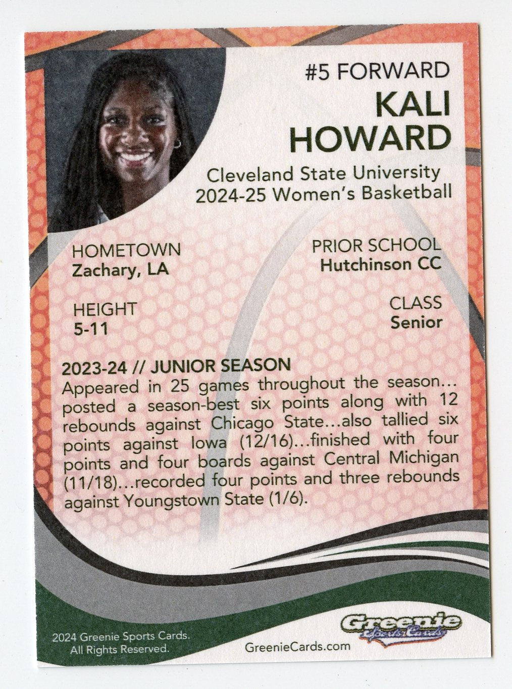 KALI HOWARD Certified Autograph Trading Card 2024 Greenie Sports Cards NIL Trading Card