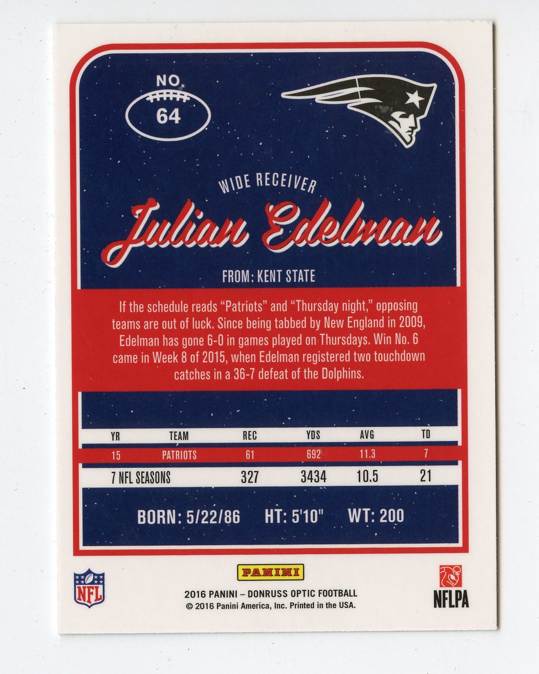 JULIAN EDELMAN 2016 OPTIC PRIZM REFRACTOR #64 NEW ENGLAND PATRIOTS