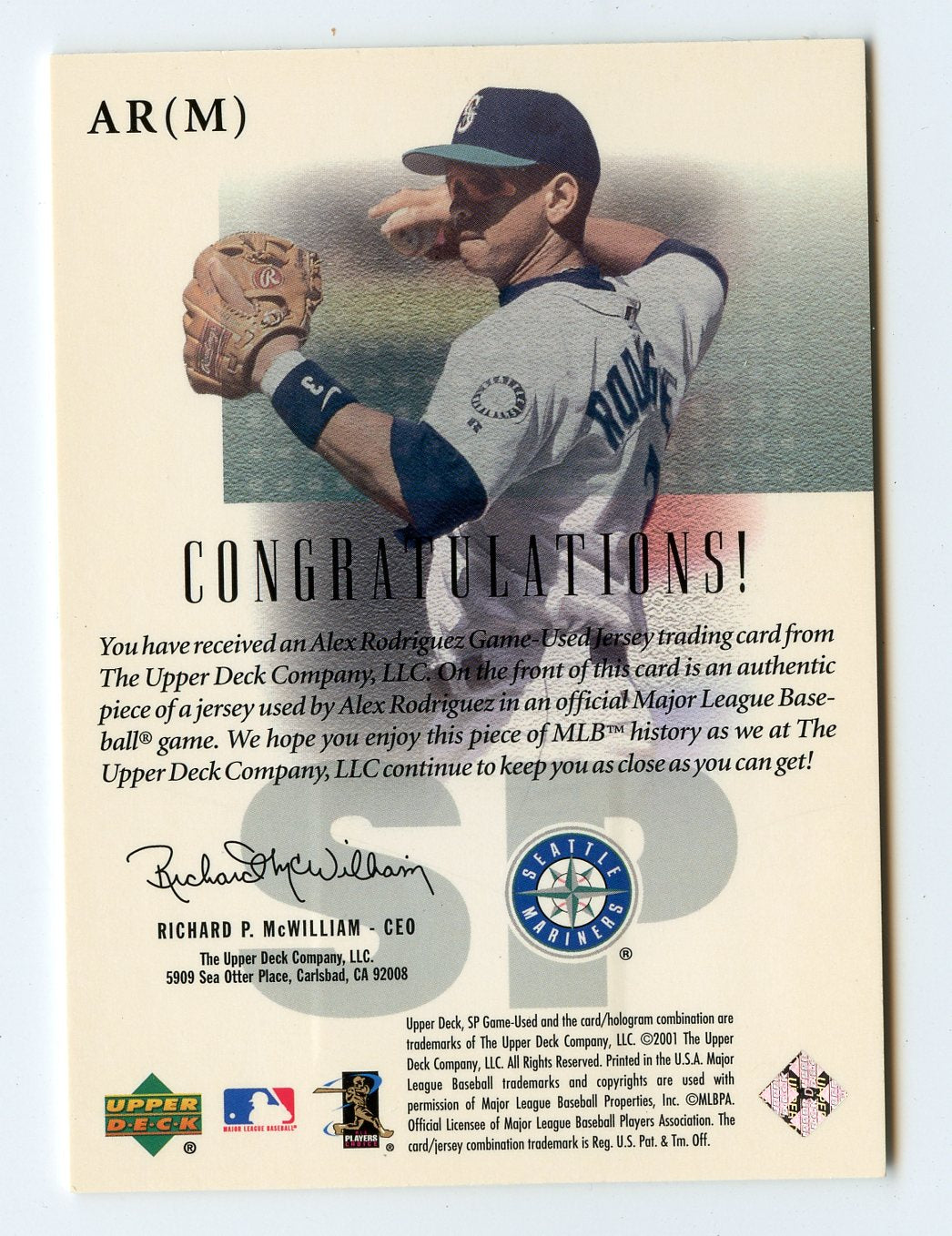 5A8 ALEX RODRIGUEZ GAME WORN JERSEY 2001 SP GAME USED FABRIC MARINERS