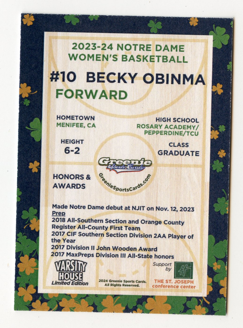 BECKY OBINMA 2024 GREENIE SPORTS CARDS NIL /175 NOTRE DAME WBB RARE SP