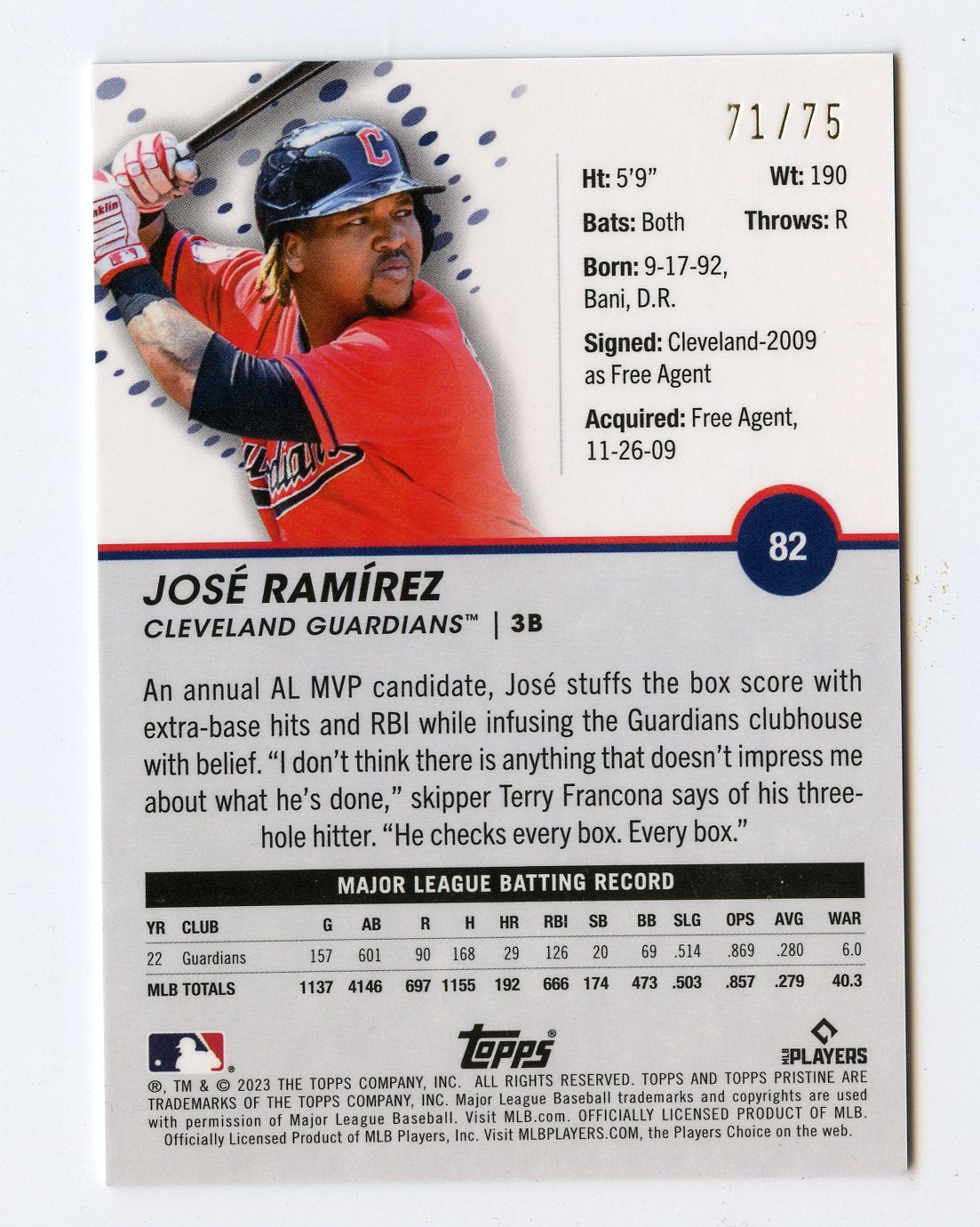 JOSE RAMIREZ 2023 TOPPS PRISTINE BLUE REFRACTOR 71/75 #82 CLEVELAND GUARDIANS